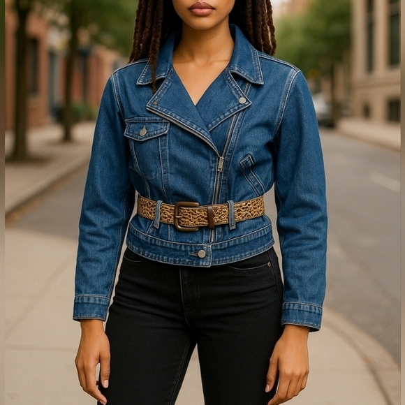 Rampage Vintage 70-80s denim cropped  high shoulder sexy jacket with belt. Large - Picture 1 of 14